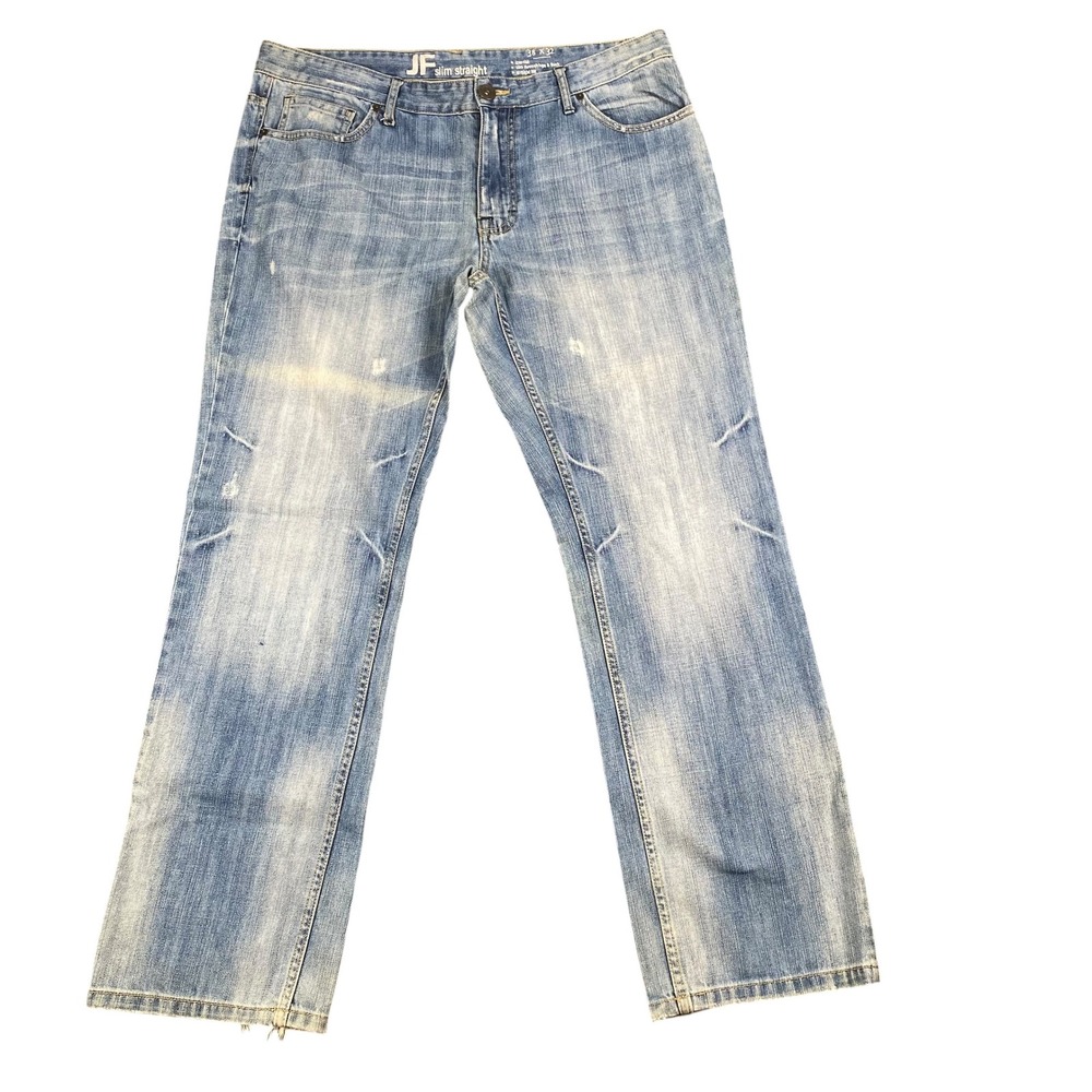 JF J Ferrar Jeans Mens 38x32 Y2K Distressed Faded Whiskered Slim Straight Denim